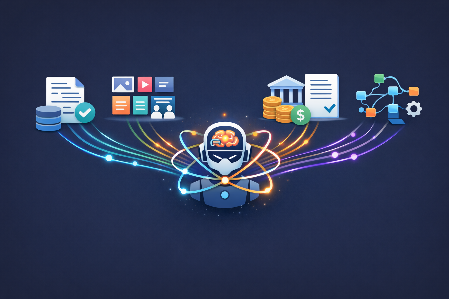 An AI agent at the centre drawing on documents, media content, financial data and workflow systems