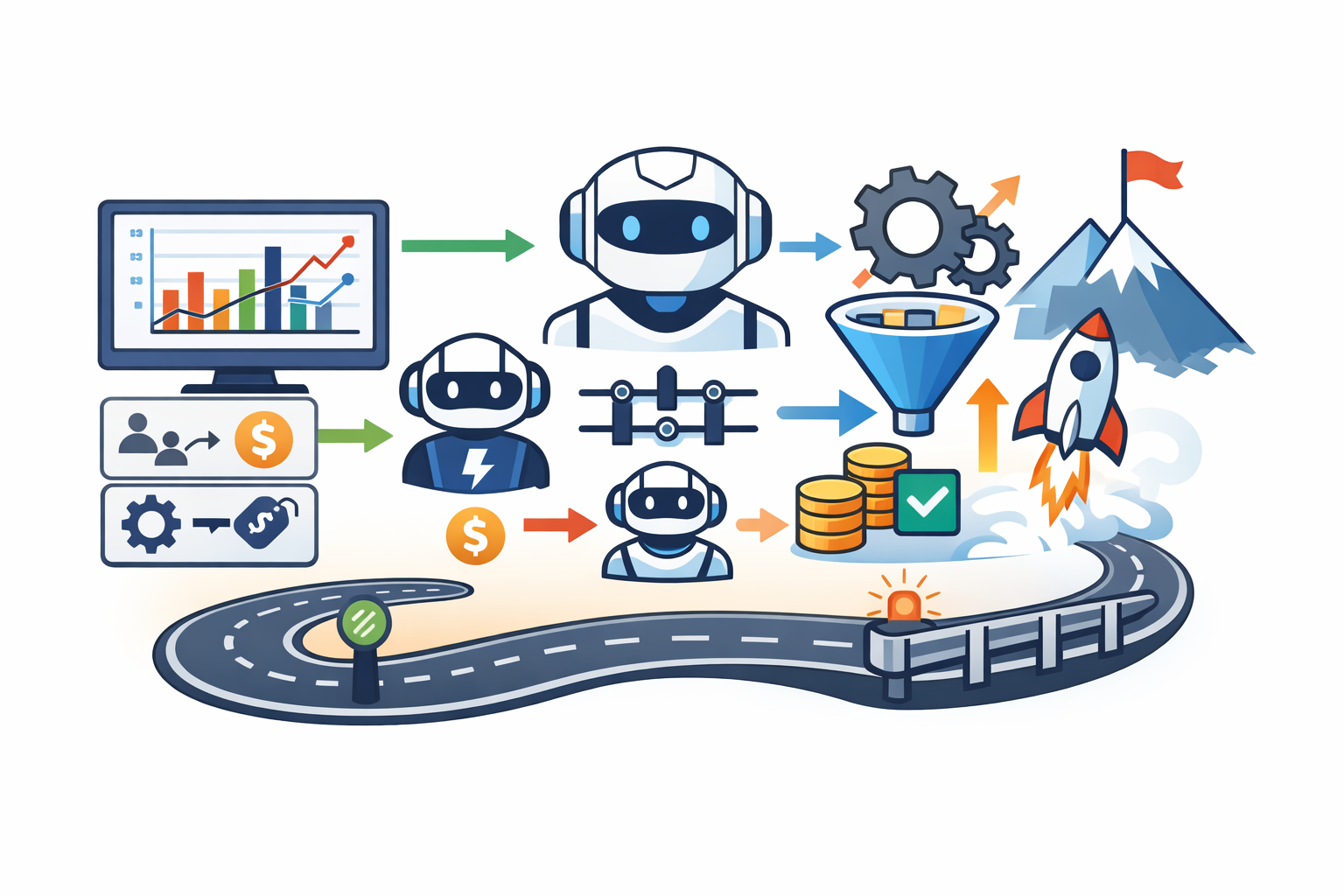 A governed AI spend pipeline with dashboards, model routing, cost controls and guardrails carrying work to a successful outcome