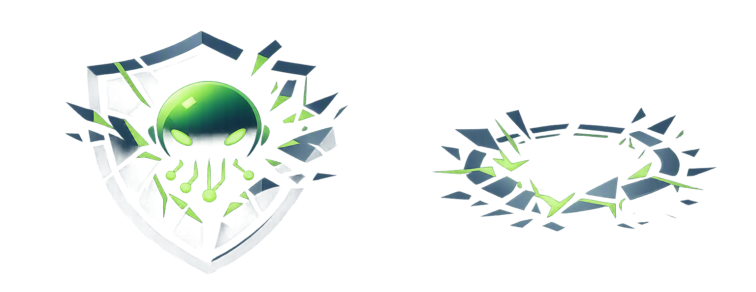 An autonomous AI agent shattering a security shield, leaving a broken containment hole behind