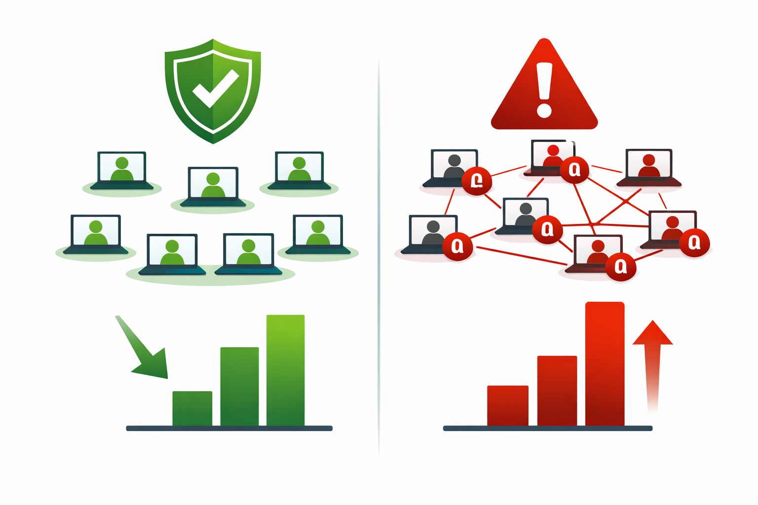 Comparison illustration of agents with individual scoped identities and a falling incident rate against agents sharing credentials with a rising incident rate