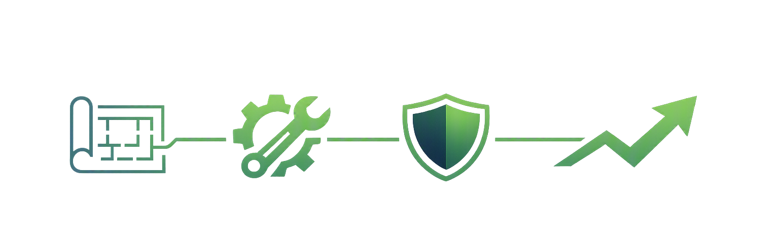 The Architect, Implement, Maintain, Scale delivery model shown as a blueprint, tools, a governance shield, and a growth arrow