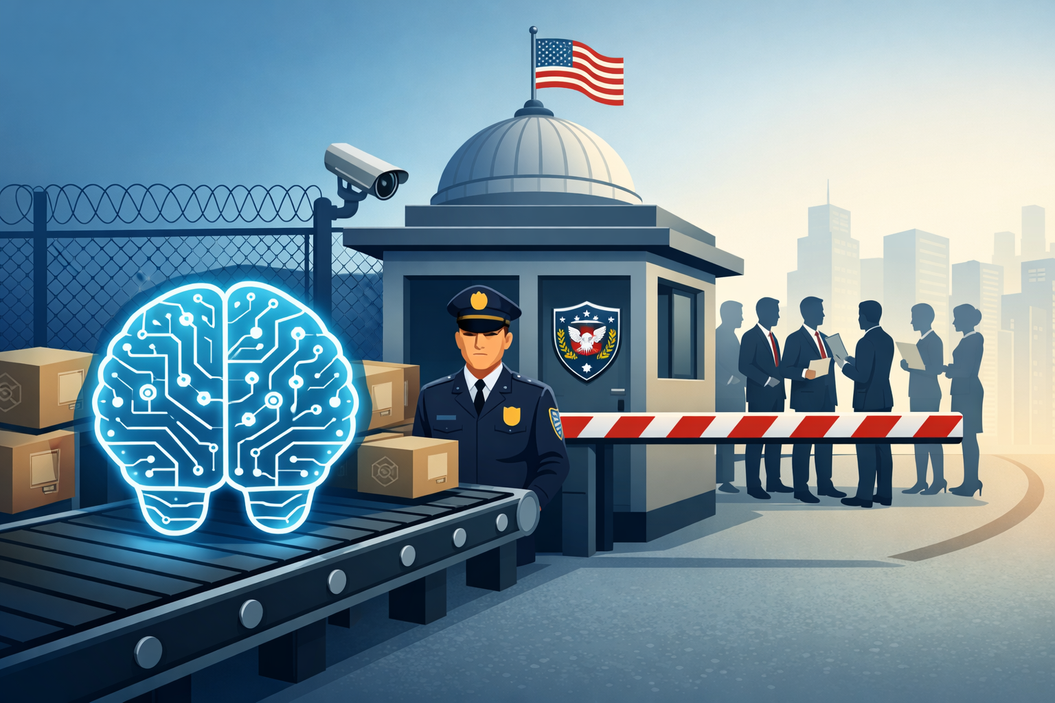 A government security checkpoint gating AI models on a conveyor belt while businesses queue for approval