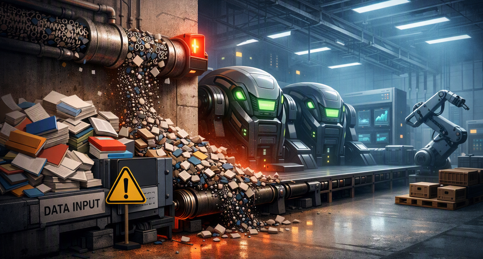 A data input pipe pouring broken, unusable material in front of idle AI machines waiting in a dark factory