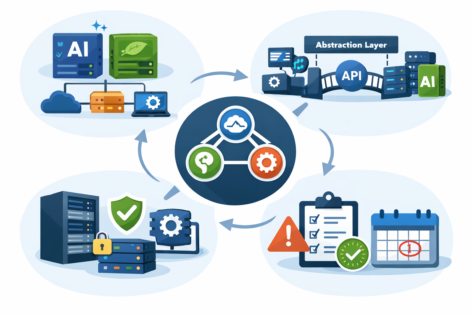 A resilient model strategy cycle: multiple AI providers, an abstraction layer over APIs, self-hosted infrastructure, and continuity governance