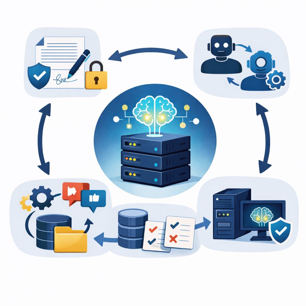 Split illustration contrasting business knowledge flowing one way into a provider cloud AI with a protected in-house learning loop the organisation owns