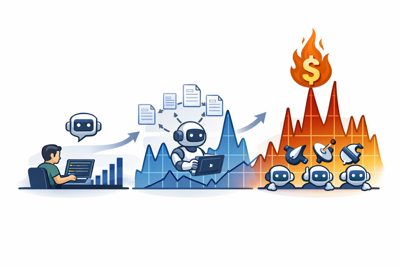 AI coding-tool spend escalating from a single developer to parallel agents, driving costs up in flames on a rising chart