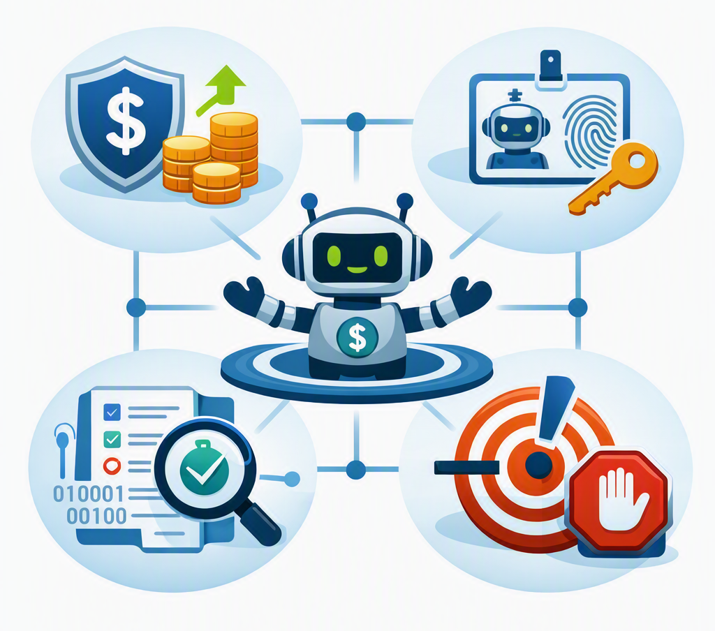 Diagram of the four controls an enterprise needs before an AI agent can spend: spend authority, scoped identity, auditability, and a defined purpose with a hard stop