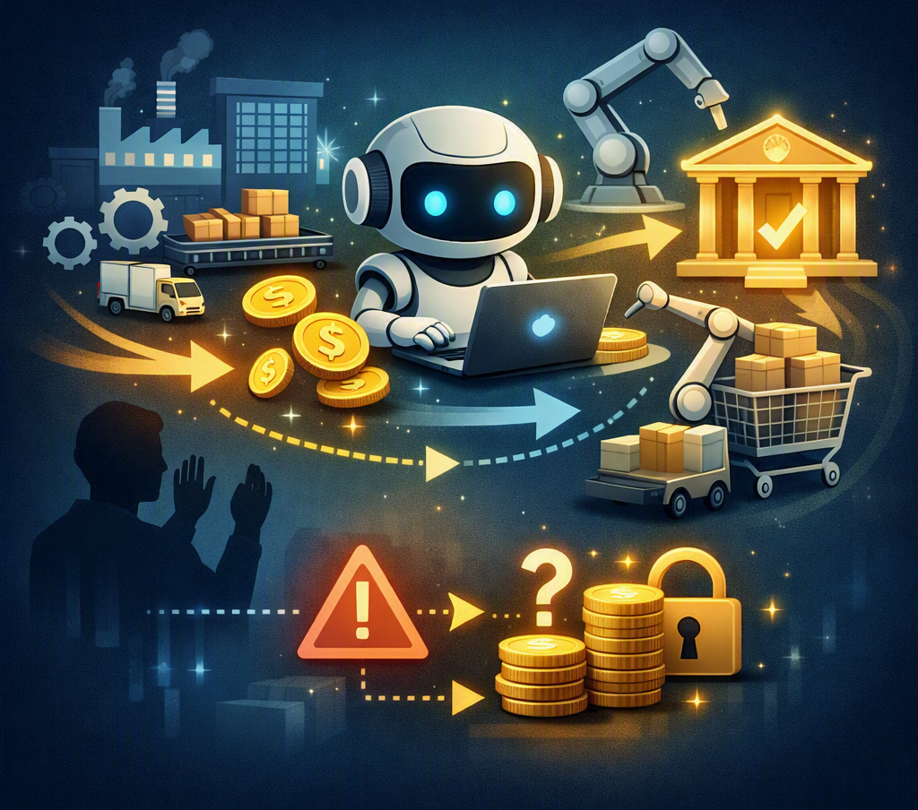 Illustration of an AI agent initiating procurement and payment transactions while warning signs and locked funds show the risk of spending without agreed rules